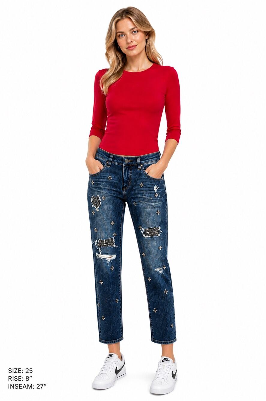Blank NYC Embellished Cropped Girlfriend Low-Rise Jeans Women's Size 25 Revolve